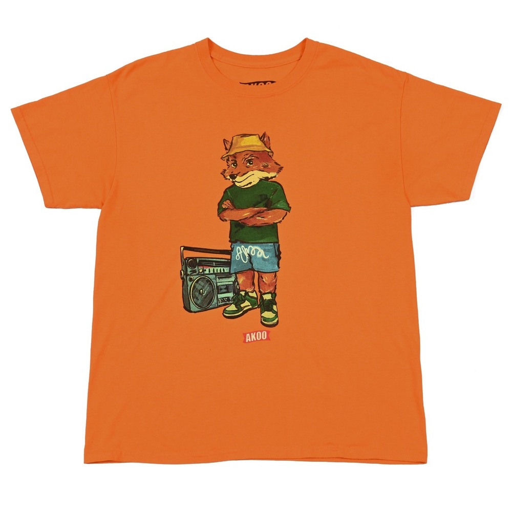 AKOO Mens Fox Mascot Streetwear Graphic T-Shirt Large Boom Box Graffiti Crewneck